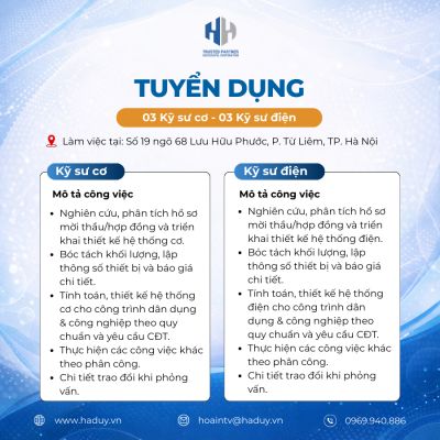 TUYỂN DỤNG KỸ SƯ CƠ &amp; KỸ SƯ ĐIỆN (L&agrave;m việc tại văn ph&ograve;ng)